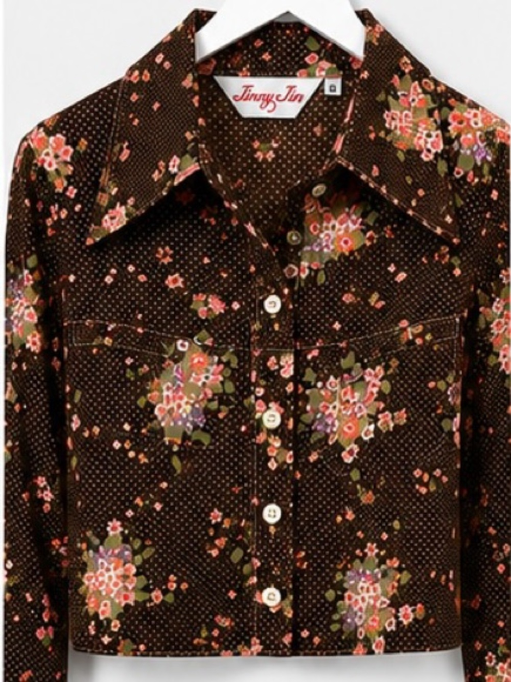 Vintage 70s Jinny Jin Floral Crop Shirt Brown Pink Retro Disco Size 8 - Picture 2 of 6